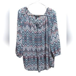 Zac & Rachel Long Sleeve Multi Color Sheer Blouse with String Ties, Size XL